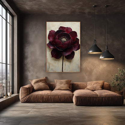 Burgundy Bloom Modern Luxe wall art in an elegant modern room – large burgundy flower with layered petals and cream