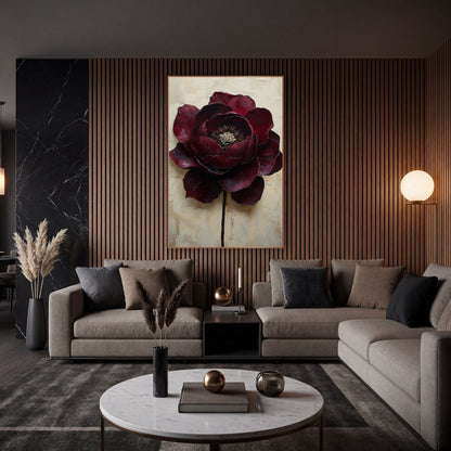 Burgundy Bloom Modern Luxe wall art in an elegant modern room – large burgundy flower with layered petals and cream