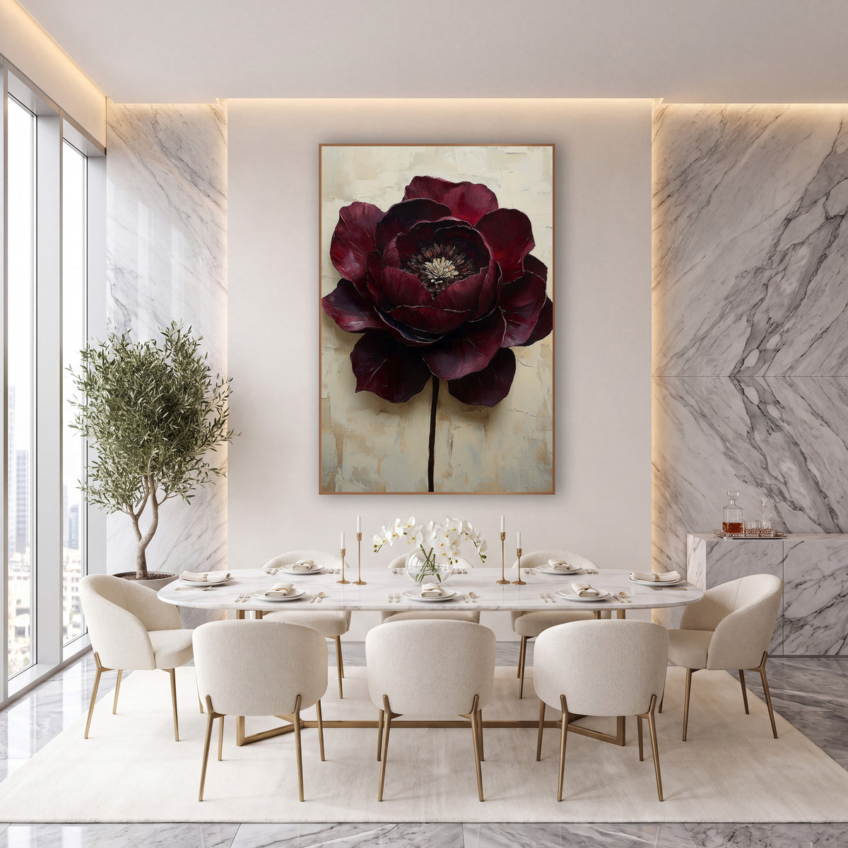 Burgundy Bloom Modern Luxe wall art in an elegant modern room – large burgundy flower with layered petals and cream