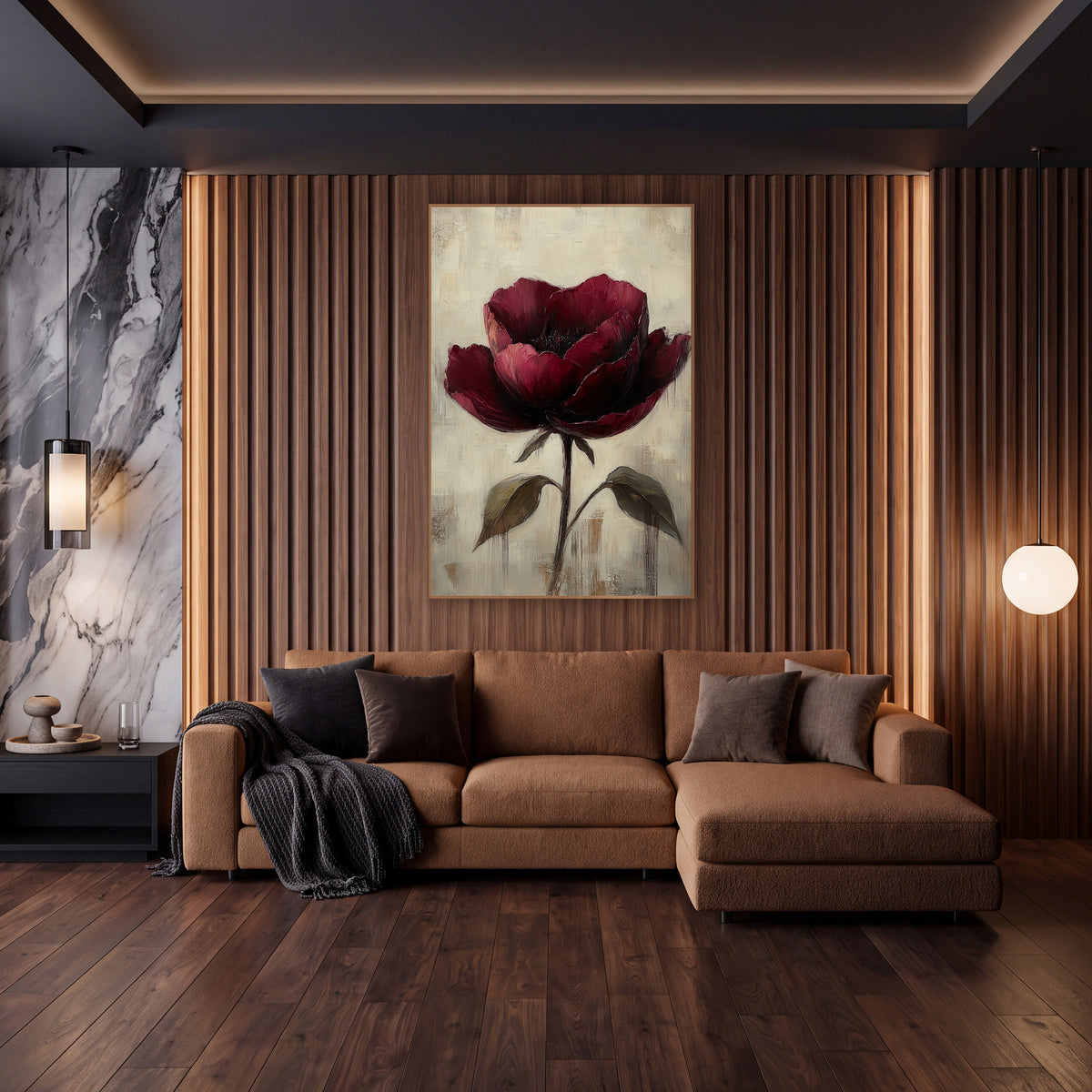 Wine Rose Twin Leaves Painterly wall art in an elegant modern room – single burgundy flower with layered petals