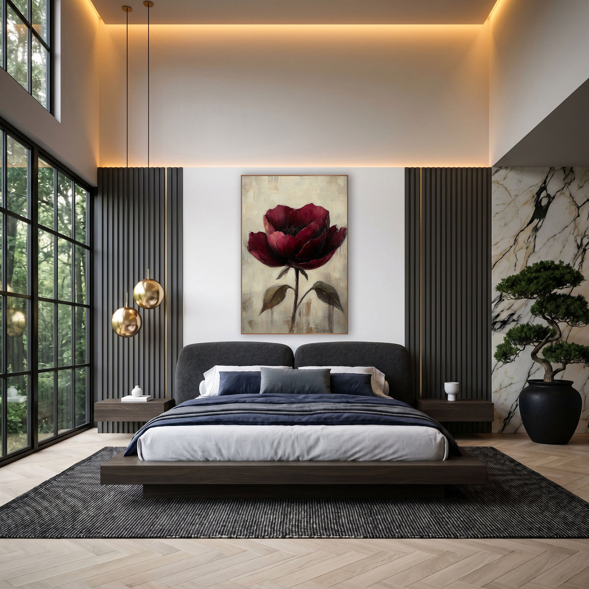 Wine Rose Twin Leaves Painterly wall art in an elegant modern room – single burgundy flower with layered petals