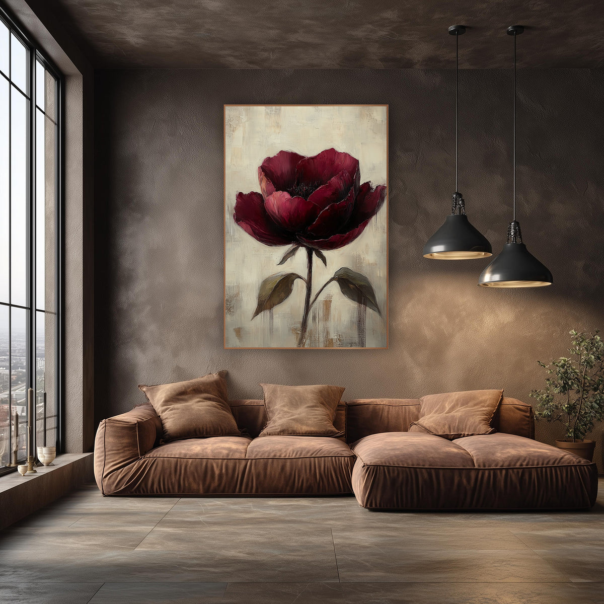 Wine Rose Twin Leaves Painterly wall art in an elegant modern room – single burgundy flower with layered petals