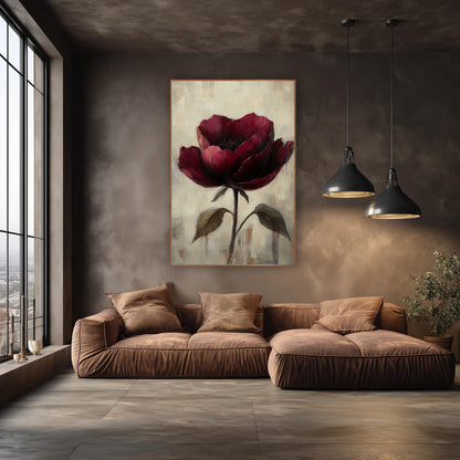 Wine Rose Twin Leaves Painterly wall art in an elegant modern room – single burgundy flower with layered petals