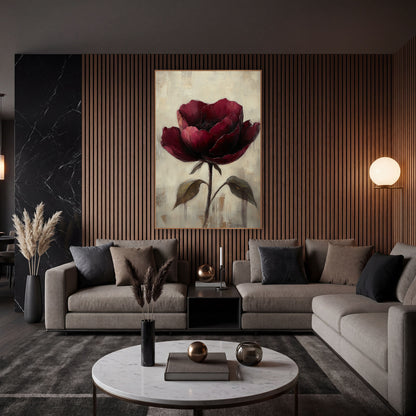 Wine Rose Twin Leaves Painterly wall art in an elegant modern room – single burgundy flower with layered petals