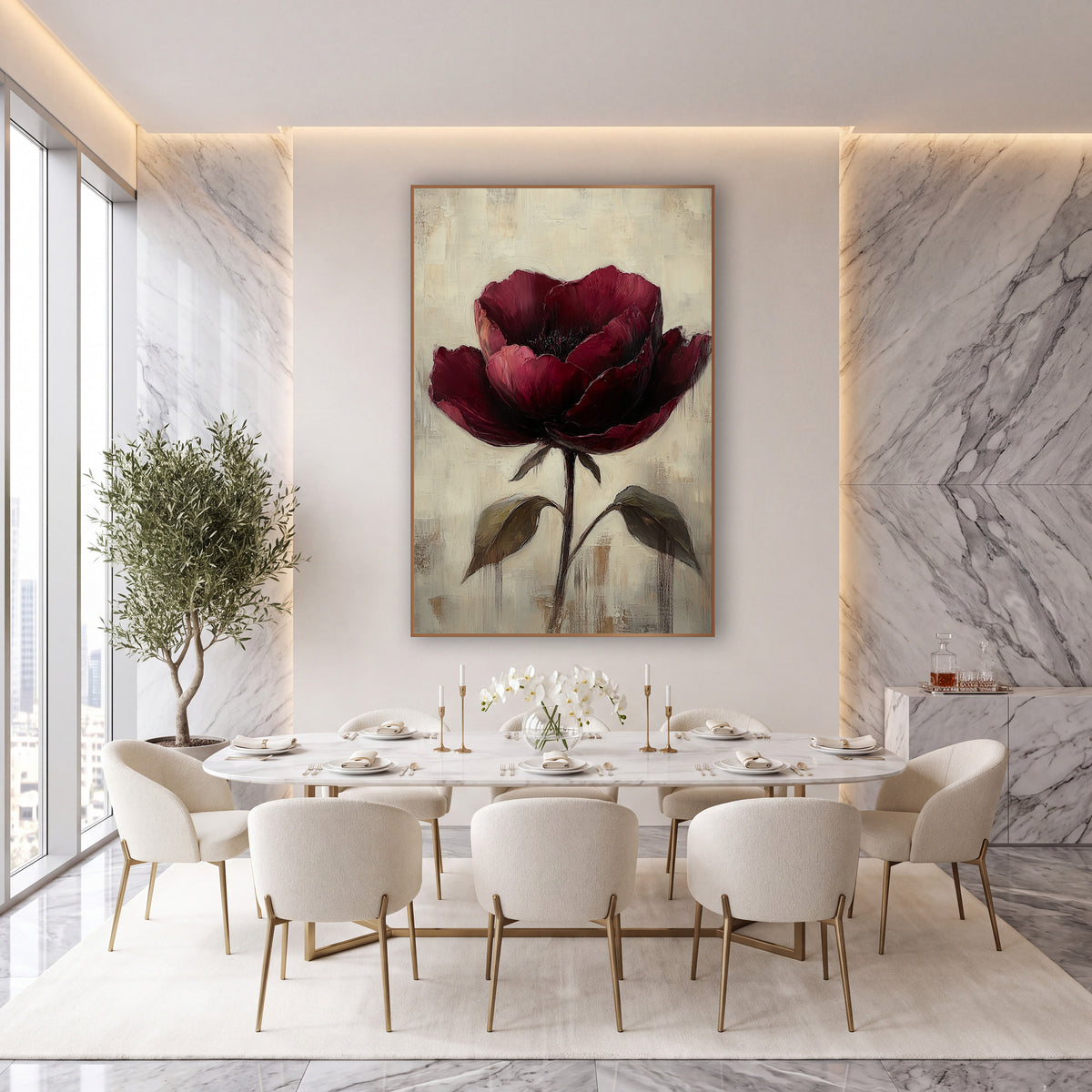 Wine Rose Twin Leaves Painterly wall art in an elegant modern room – single burgundy flower with layered petals