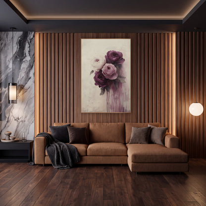 Plum and Cream Peony Bouquet Floral wall art in an elegant modern room – bouquet of four plum, mauve and cream blooms