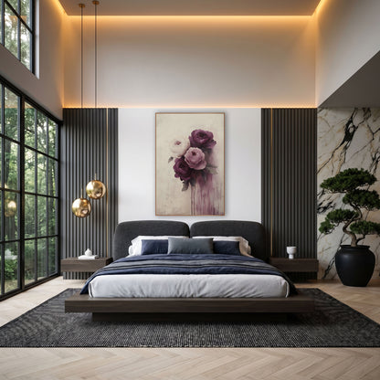 Plum and Cream Peony Bouquet Floral wall art in an elegant modern room – bouquet of four plum, mauve and cream blooms