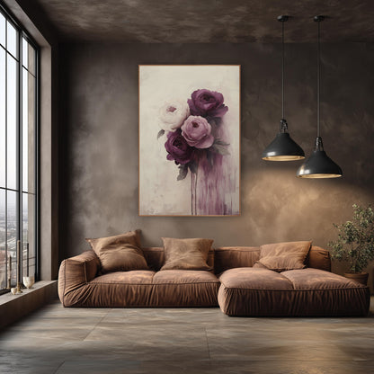 Plum and Cream Peony Bouquet Floral wall art in an elegant modern room – bouquet of four plum, mauve and cream blooms