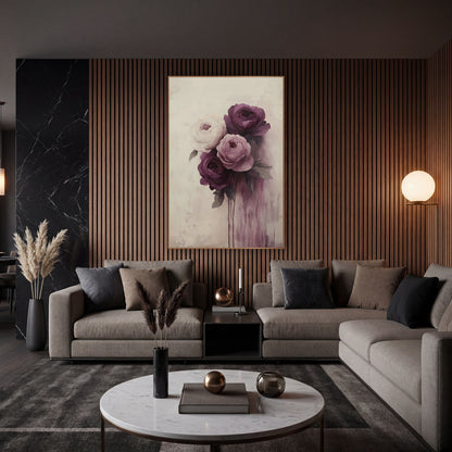 Plum and Cream Peony Bouquet Floral wall art in an elegant modern room – bouquet of four plum, mauve and cream blooms