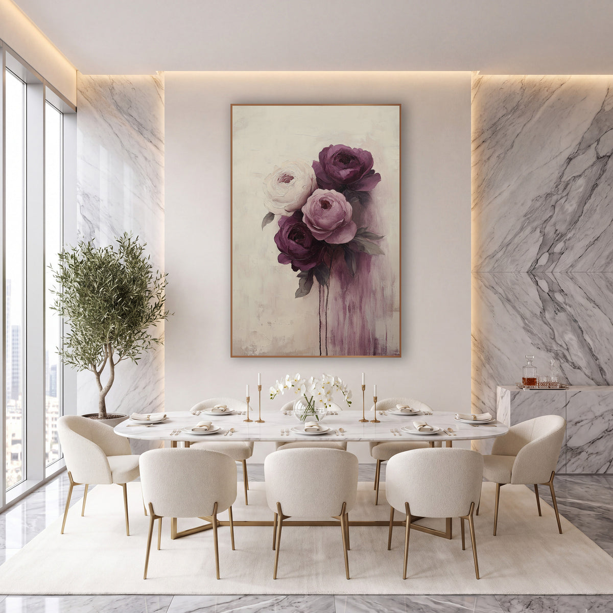 Plum and Cream Peony Bouquet Floral wall art in an elegant modern room – bouquet of four plum, mauve and cream blooms
