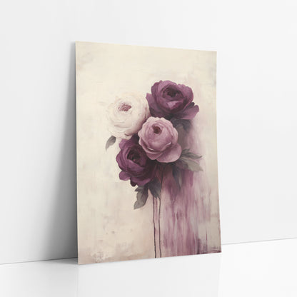 Plum and Cream Peony Bouquet Floral art print leaning against a white wall – bouquet of four plum, mauve and cream blooms