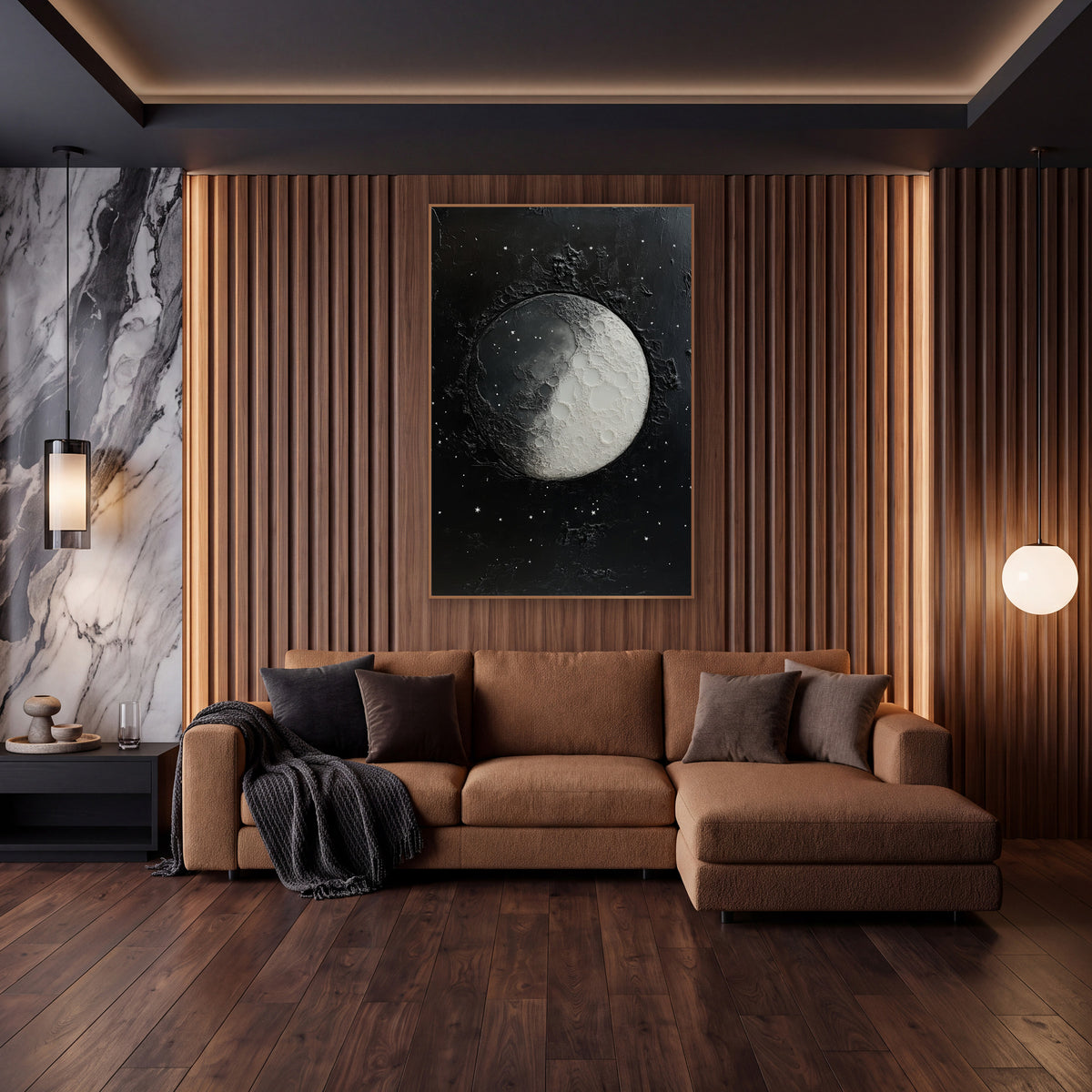 Cratered Moon Starfield Celestial wall art in an elegant modern room – half-lit gray and white cratered moon
