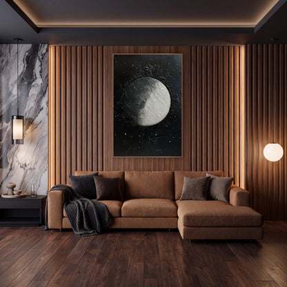 Cratered Moon Starfield Celestial wall art in an elegant modern room – half-lit gray and white cratered moon