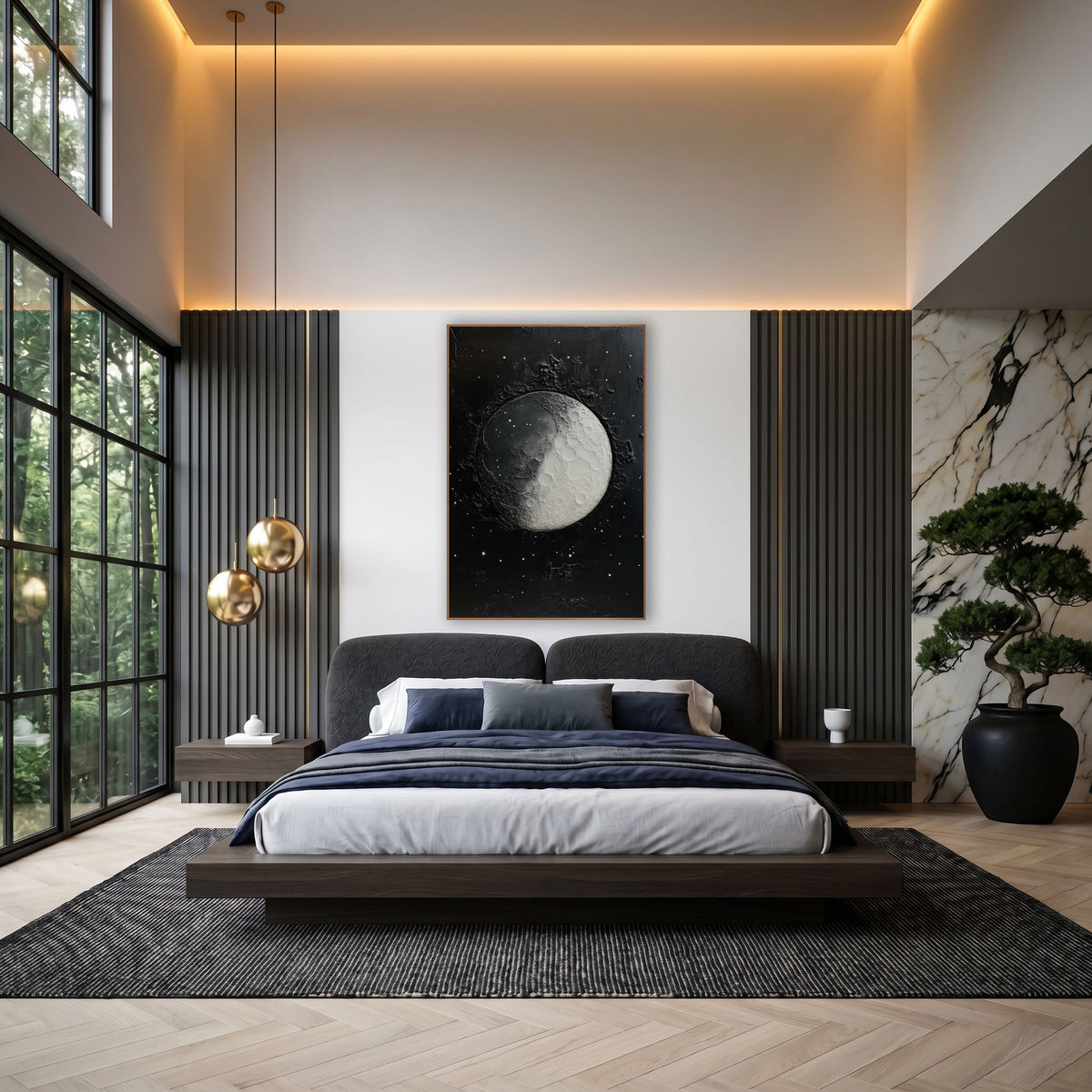 Cratered Moon Starfield Celestial wall art in an elegant modern room – half-lit gray and white cratered moon