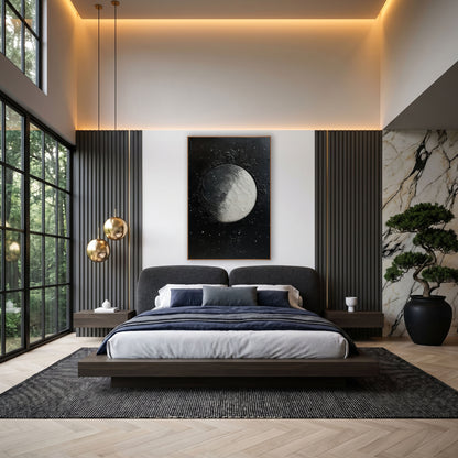 Cratered Moon Starfield Celestial wall art in an elegant modern room – half-lit gray and white cratered moon