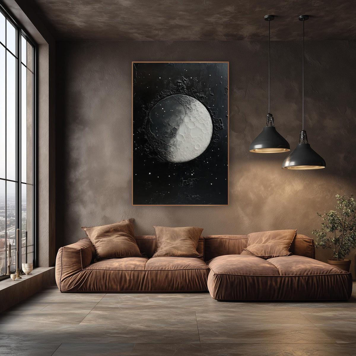 Cratered Moon Starfield Celestial wall art in an elegant modern room – half-lit gray and white cratered moon