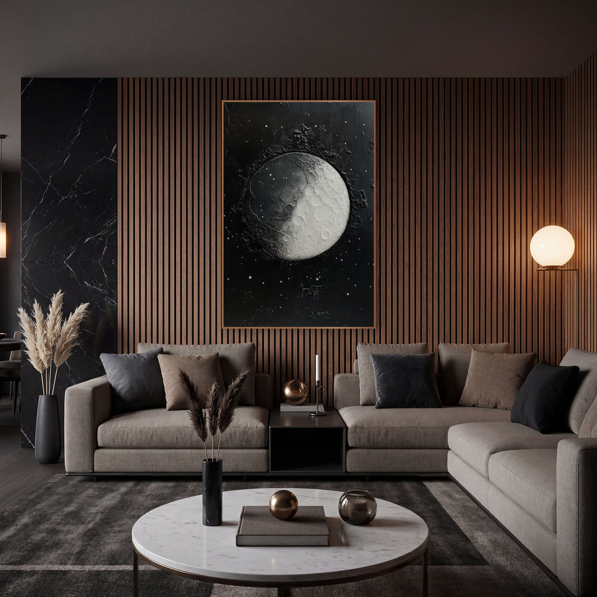 Cratered Moon Starfield Celestial wall art in an elegant modern room – half-lit gray and white cratered moon