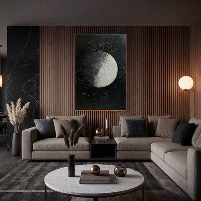 Cratered Moon Starfield Celestial wall art in an elegant modern room – half-lit gray and white cratered moon