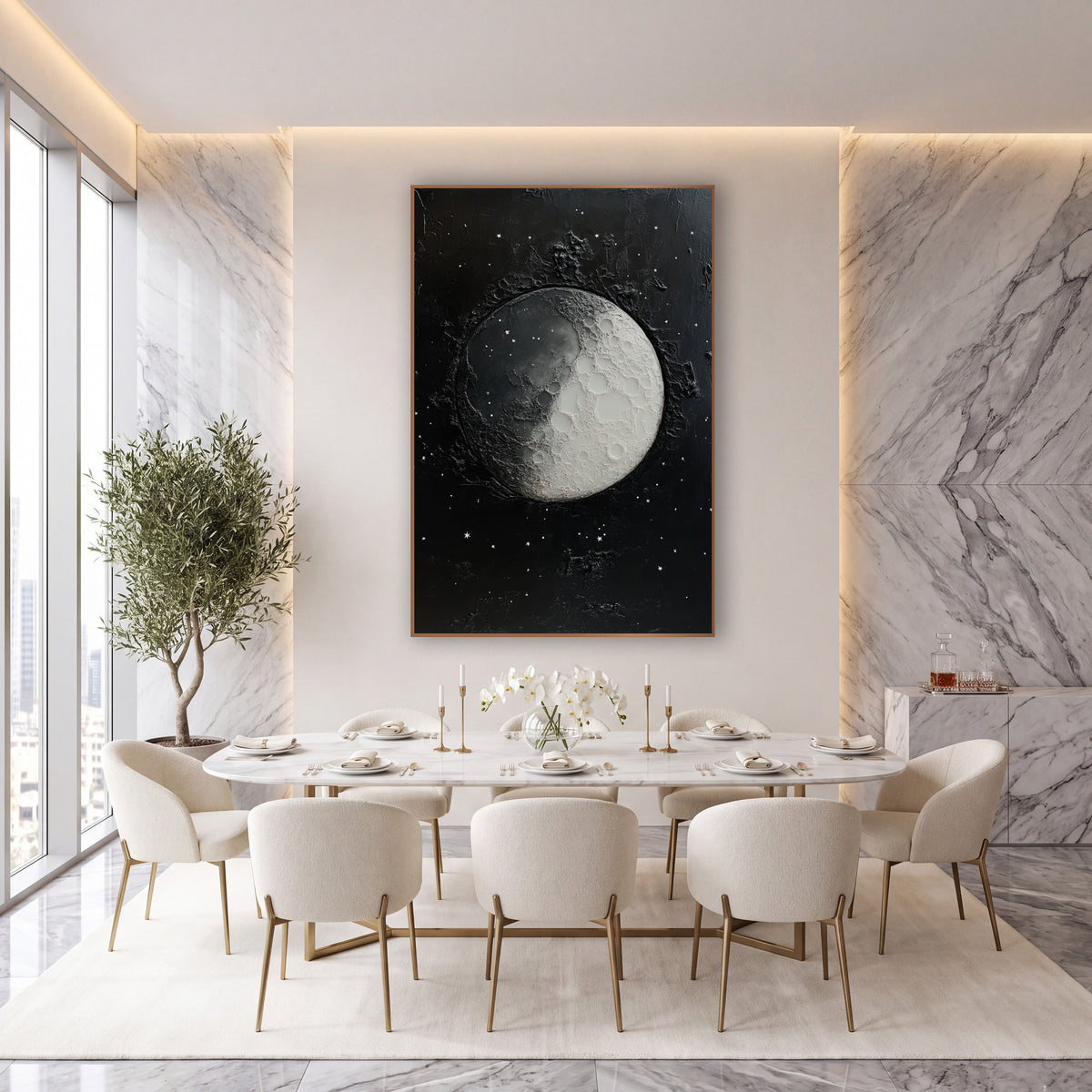 Cratered Moon Starfield Celestial wall art in an elegant modern room – half-lit gray and white cratered moon