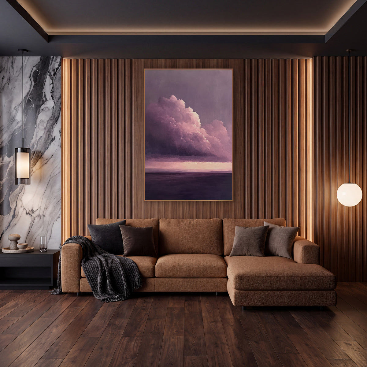 Lavender Thunderhead Over Calm Sea wall art in an elegant modern room – large pink-lit cloud above a pale horizon glow