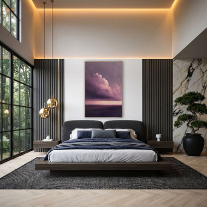 Lavender Thunderhead Over Calm Sea wall art in an elegant modern room – large pink-lit cloud above a pale horizon glow