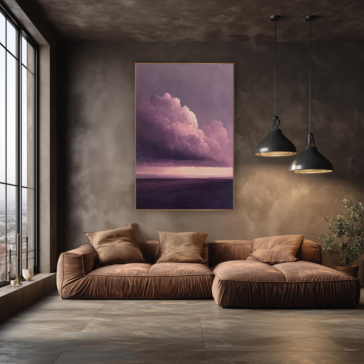 Lavender Thunderhead Over Calm Sea wall art in an elegant modern room – large pink-lit cloud above a pale horizon glow