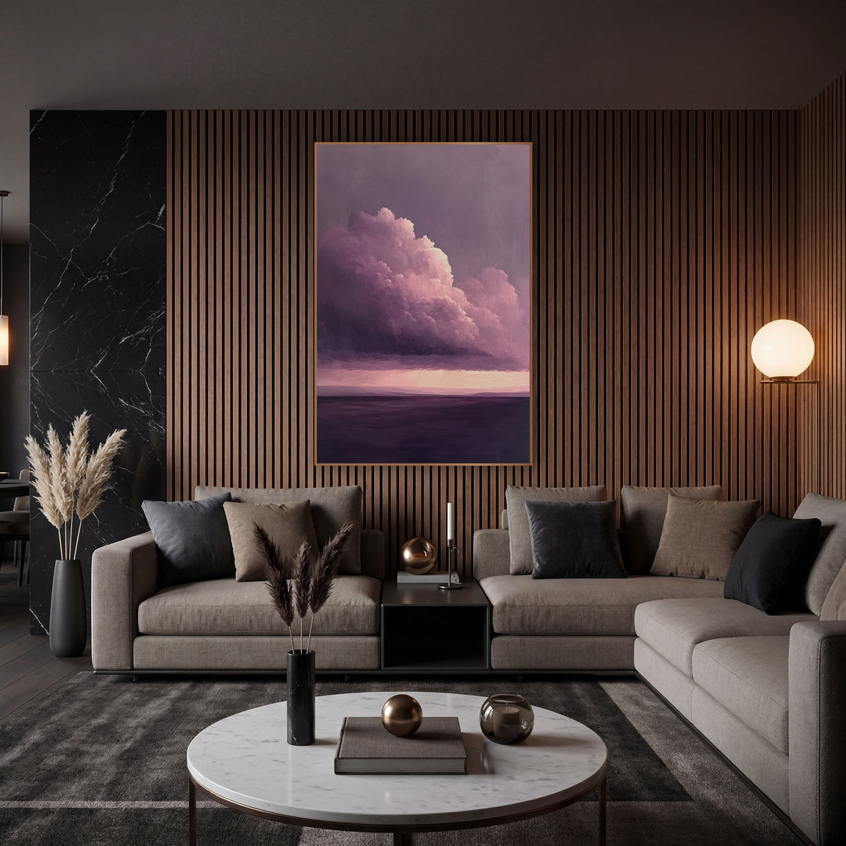 Lavender Thunderhead Over Calm Sea wall art in an elegant modern room – large pink-lit cloud above a pale horizon glow