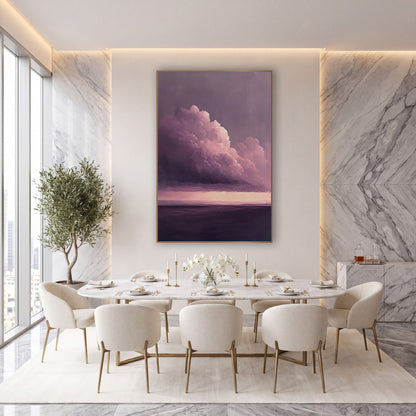 Lavender Thunderhead Over Calm Sea wall art in an elegant modern room – large pink-lit cloud above a pale horizon glow