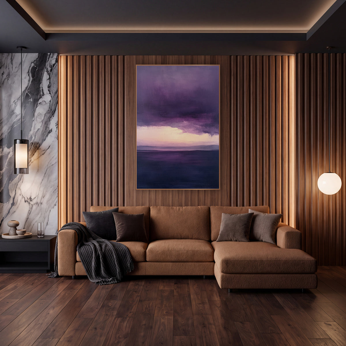Plum Storm Cloud Landscape Abstract wall art in an elegant modern room – abstract landscape of deep plum storm clouds