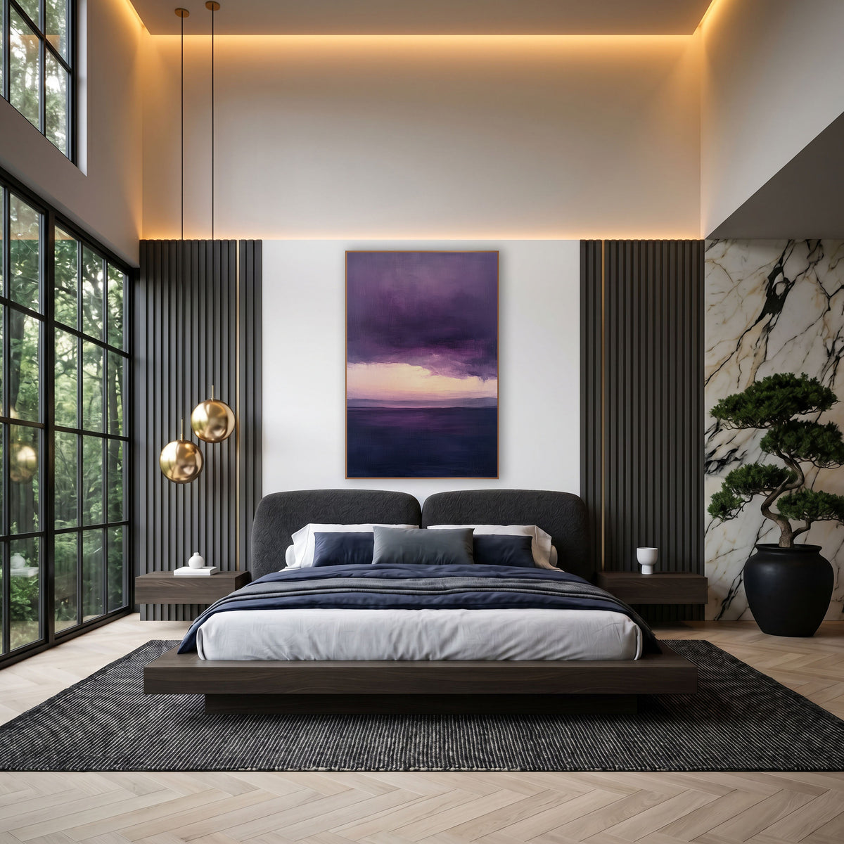 Plum Storm Cloud Landscape Abstract wall art in an elegant modern room – abstract landscape of deep plum storm clouds