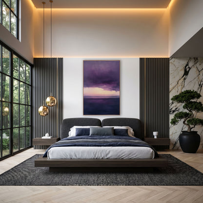 Plum Storm Cloud Landscape Abstract wall art in an elegant modern room – abstract landscape of deep plum storm clouds