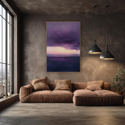 Plum Storm Cloud Landscape Abstract wall art in an elegant modern room – abstract landscape of deep plum storm clouds