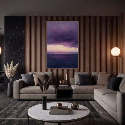 Plum Storm Cloud Landscape Abstract wall art in an elegant modern room – abstract landscape of deep plum storm clouds