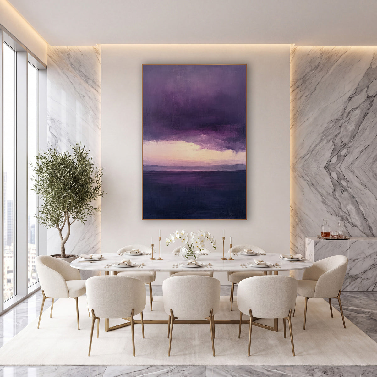 Plum Storm Cloud Landscape Abstract wall art in an elegant modern room – abstract landscape of deep plum storm clouds