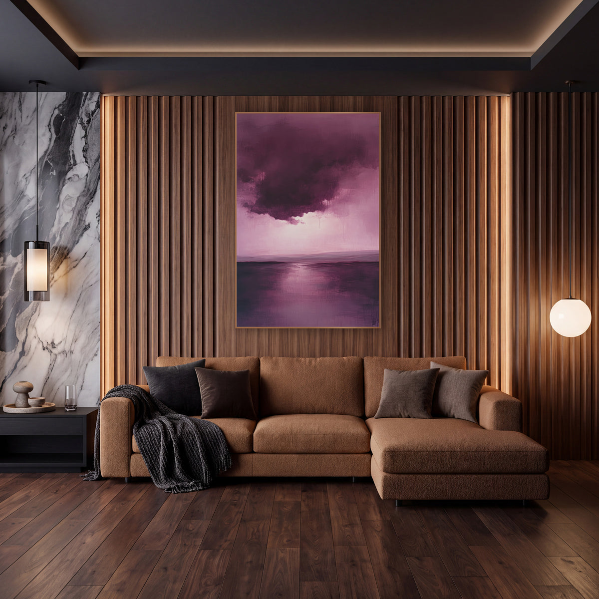 Mulberry Dripping Cloud Reflection Abstract wall art in an elegant modern room – abstract landscape of a dark plum
