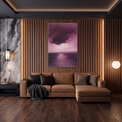 Mulberry Dripping Cloud Reflection Abstract wall art in an elegant modern room – abstract landscape of a dark plum