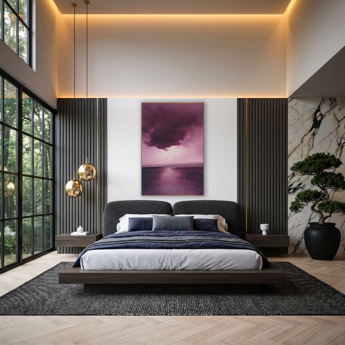 Mulberry Dripping Cloud Reflection Abstract wall art in an elegant modern room – abstract landscape of a dark plum