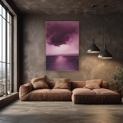 Mulberry Dripping Cloud Reflection Abstract wall art in an elegant modern room – abstract landscape of a dark plum