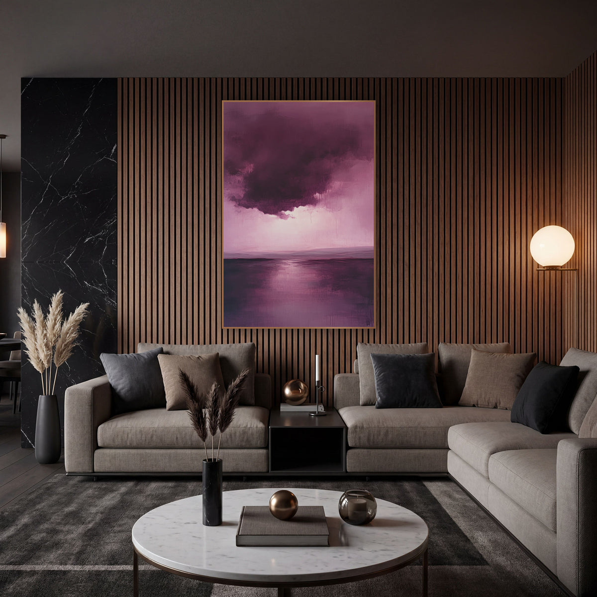 Mulberry Dripping Cloud Reflection Abstract wall art in an elegant modern room – abstract landscape of a dark plum