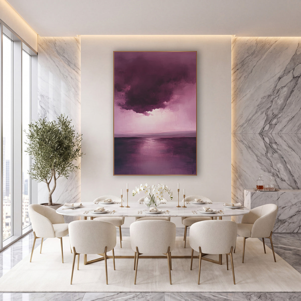 Mulberry Dripping Cloud Reflection Abstract wall art in an elegant modern room – abstract landscape of a dark plum
