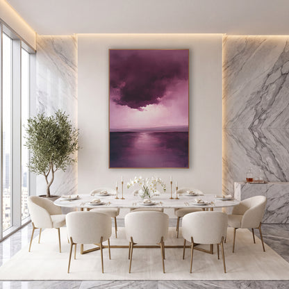 Mulberry Dripping Cloud Reflection Abstract wall art in an elegant modern room – abstract landscape of a dark plum