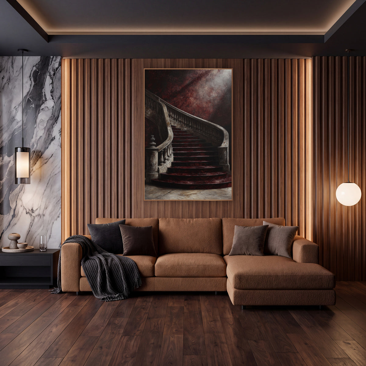 Burgundy Sweeping Staircase Grand Interior wall art in an elegant modern room – curved staircase with burgundy steps