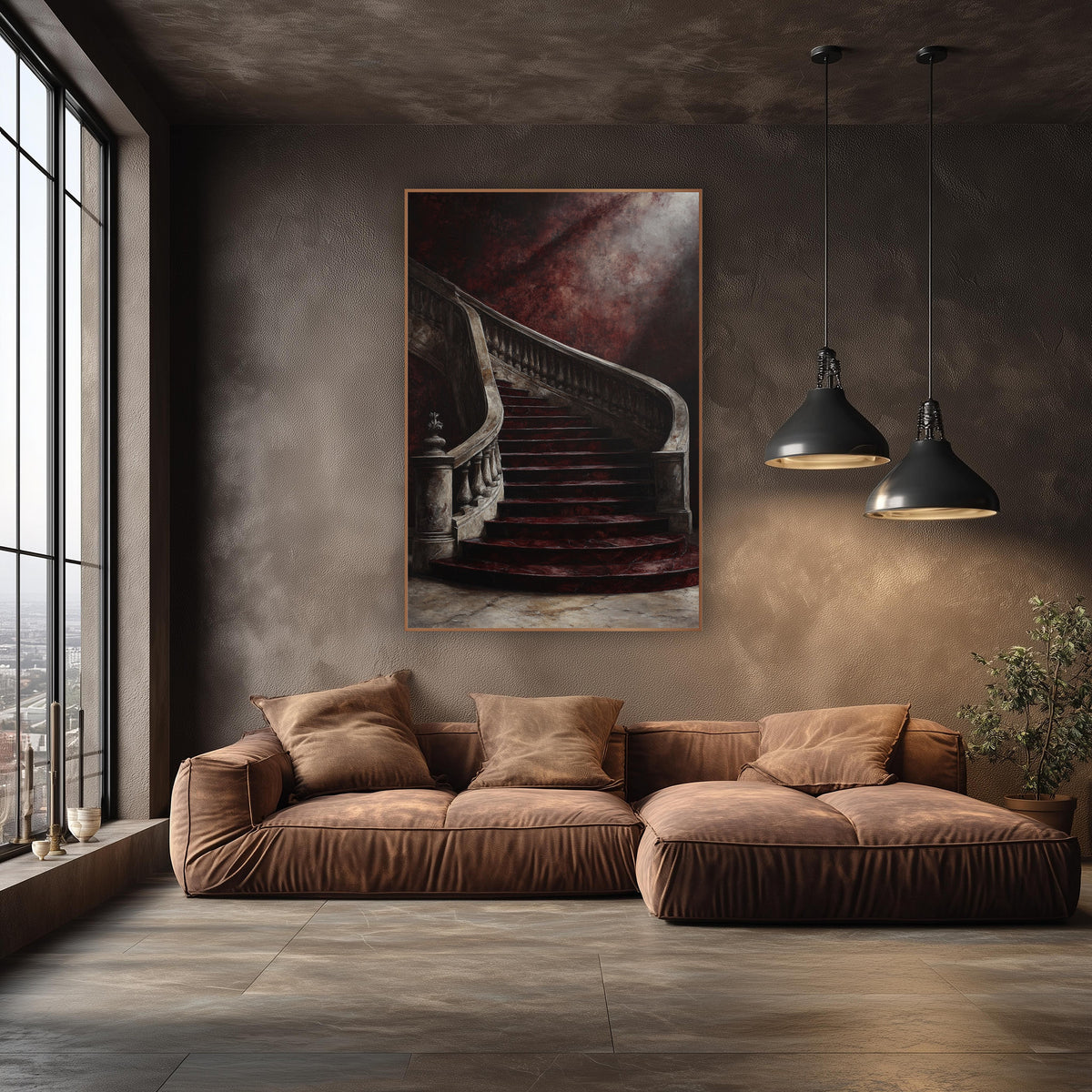 Burgundy Sweeping Staircase Grand Interior wall art in an elegant modern room – curved staircase with burgundy steps