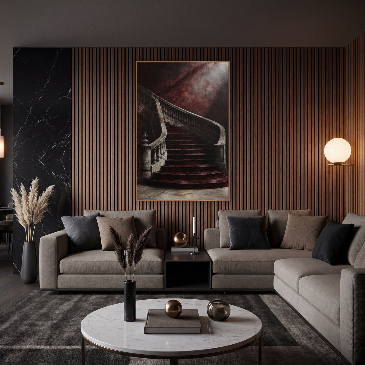Burgundy Sweeping Staircase Grand Interior wall art in an elegant modern room – curved staircase with burgundy steps