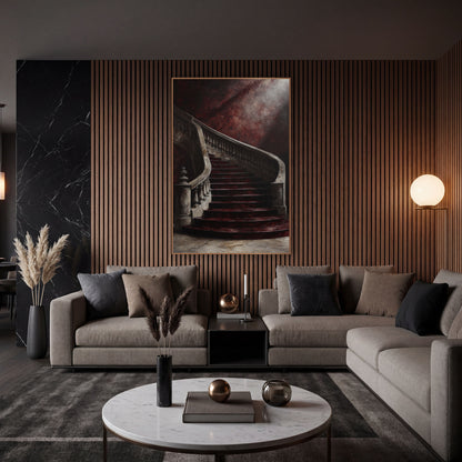Burgundy Sweeping Staircase Grand Interior wall art in an elegant modern room – curved staircase with burgundy steps