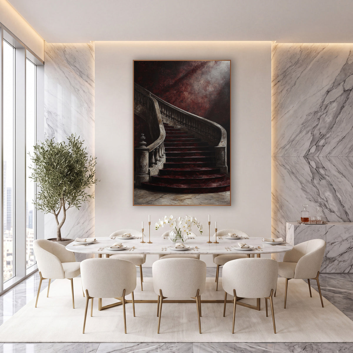 Burgundy Sweeping Staircase Grand Interior wall art in an elegant modern room – curved staircase with burgundy steps