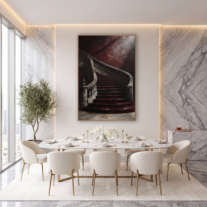 Burgundy Sweeping Staircase Grand Interior wall art in an elegant modern room – curved staircase with burgundy steps