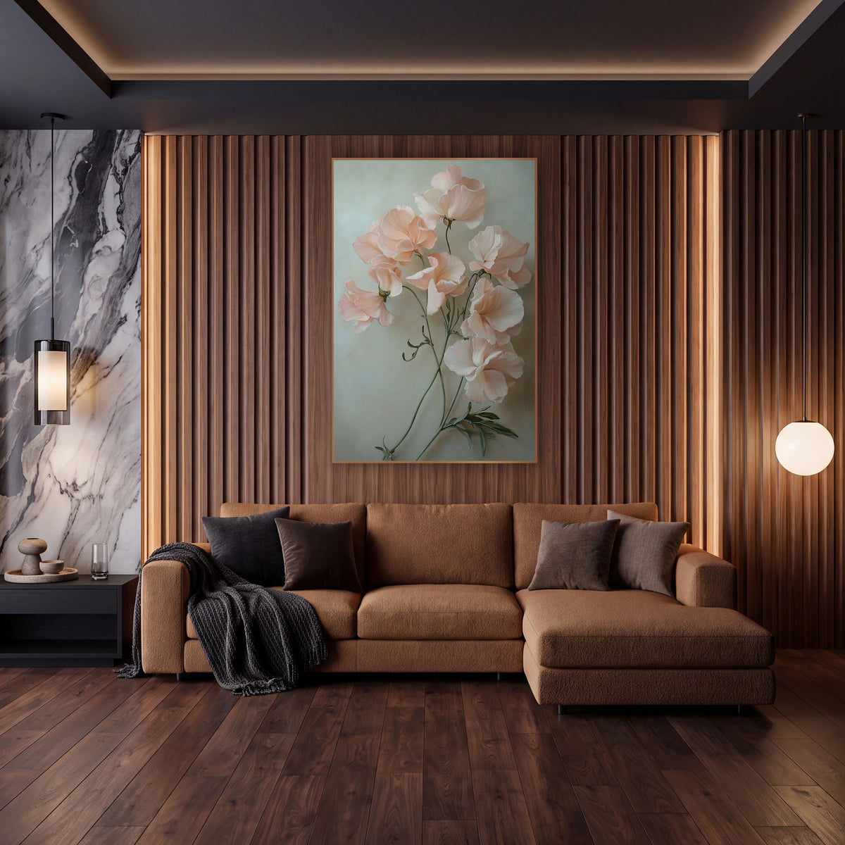 Blush Sweet Pea Cascade Painterly wall art in an elegant modern room – blush pink sweet pea blossoms with ruffled