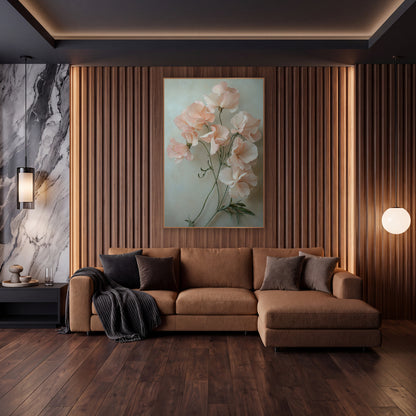 Blush Sweet Pea Cascade Painterly wall art in an elegant modern room – blush pink sweet pea blossoms with ruffled