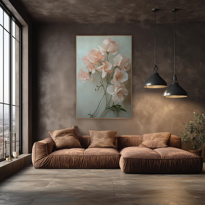 Blush Sweet Pea Cascade Painterly wall art in an elegant modern room – blush pink sweet pea blossoms with ruffled